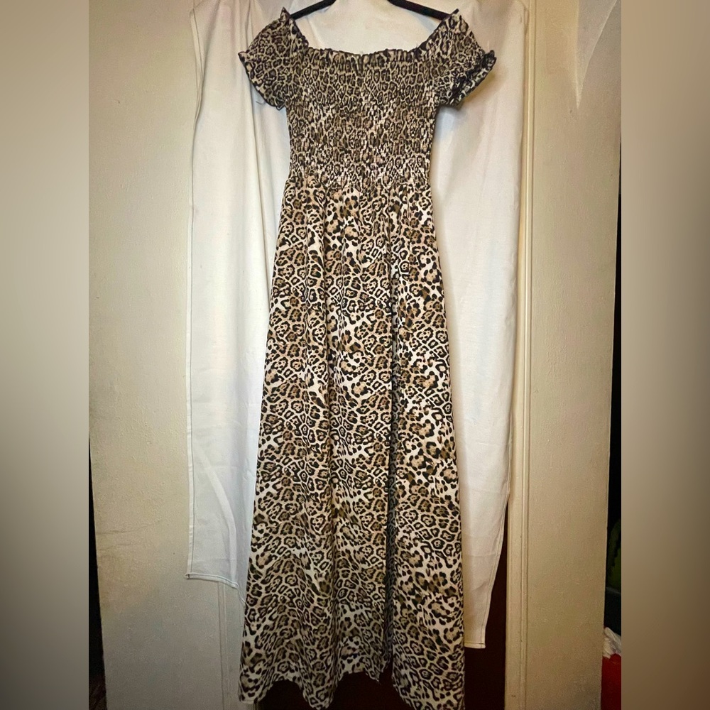 205 Collins Off the Shoulder Leopard Print Romper with Long Skirt Overlay Size S
